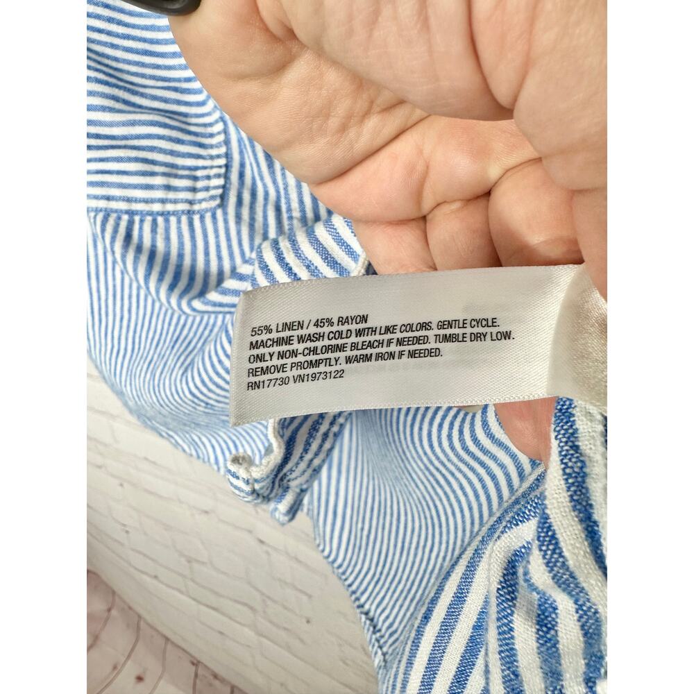 Linen Blend Old Navy Blue White Striped Short Sleeve Shirt Womens XL Coastal - Picture 2 of 5